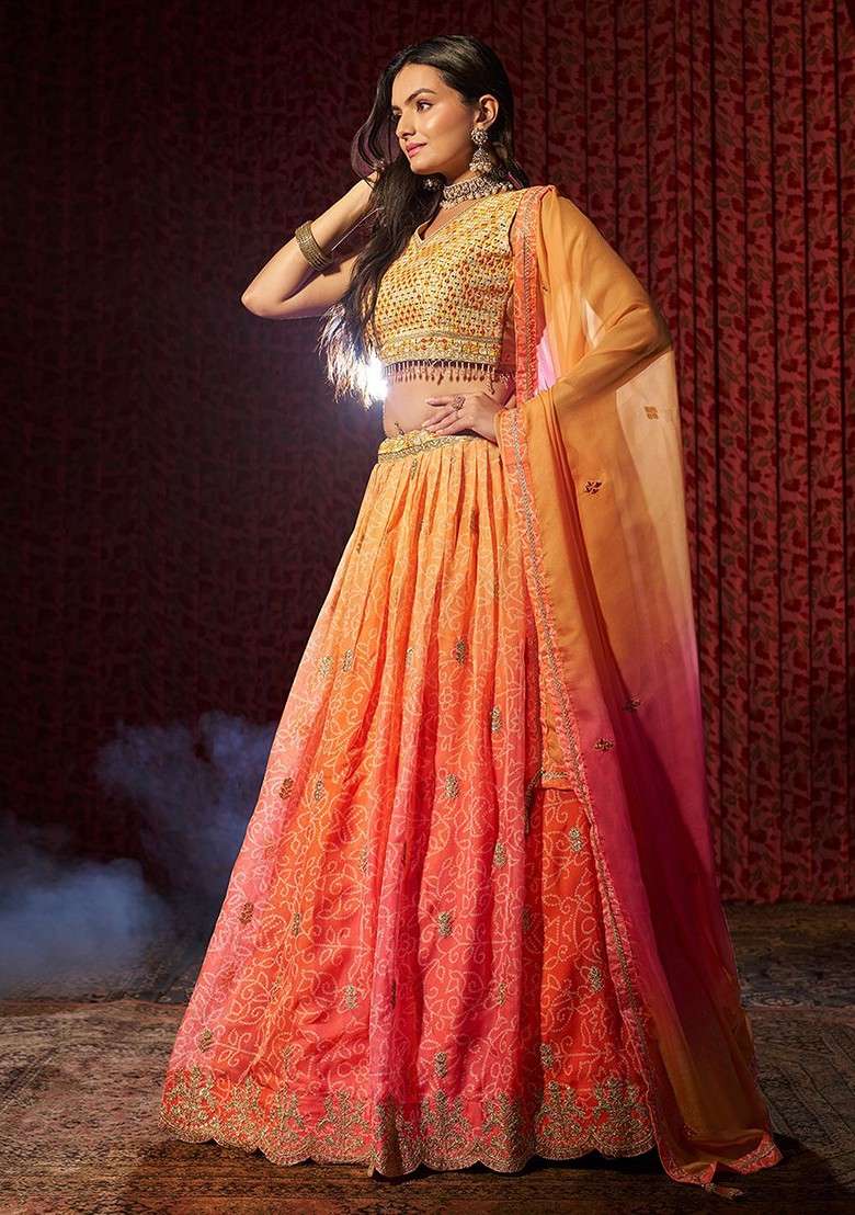 Orange Emboridered Blended Lehenga Choli - Indya