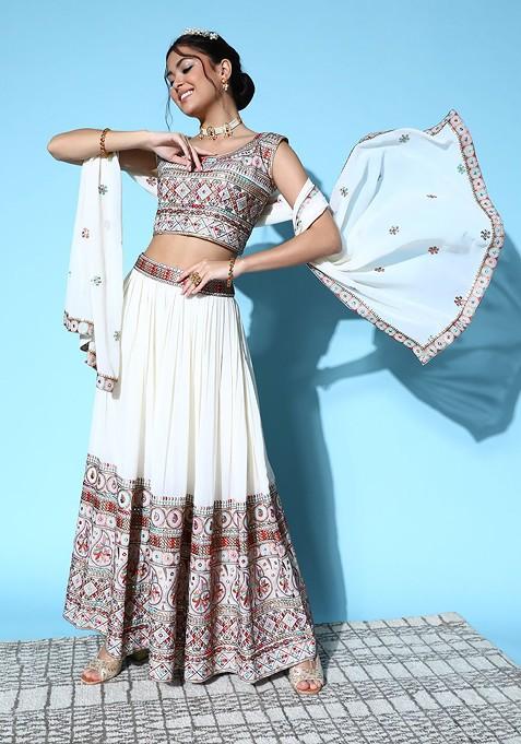 Off White Emboridered Blended Lehenga Choli — view on Indya