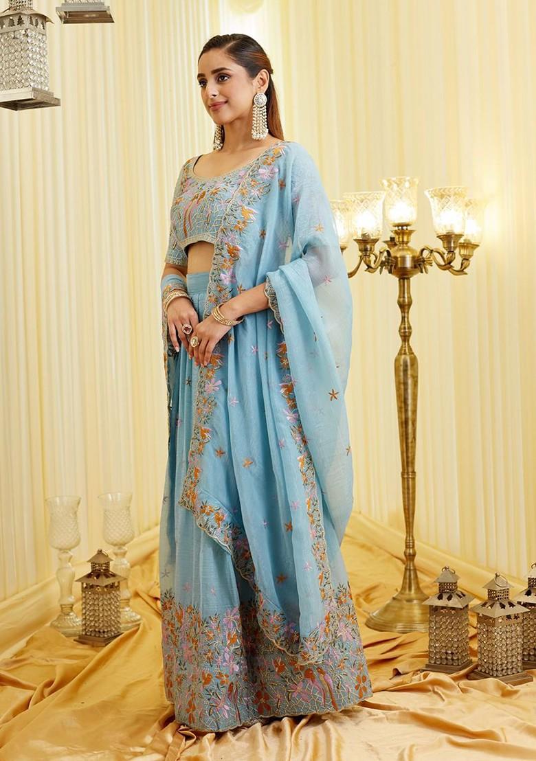 Blue Emboridered Blended Lehenga Choli - Indya