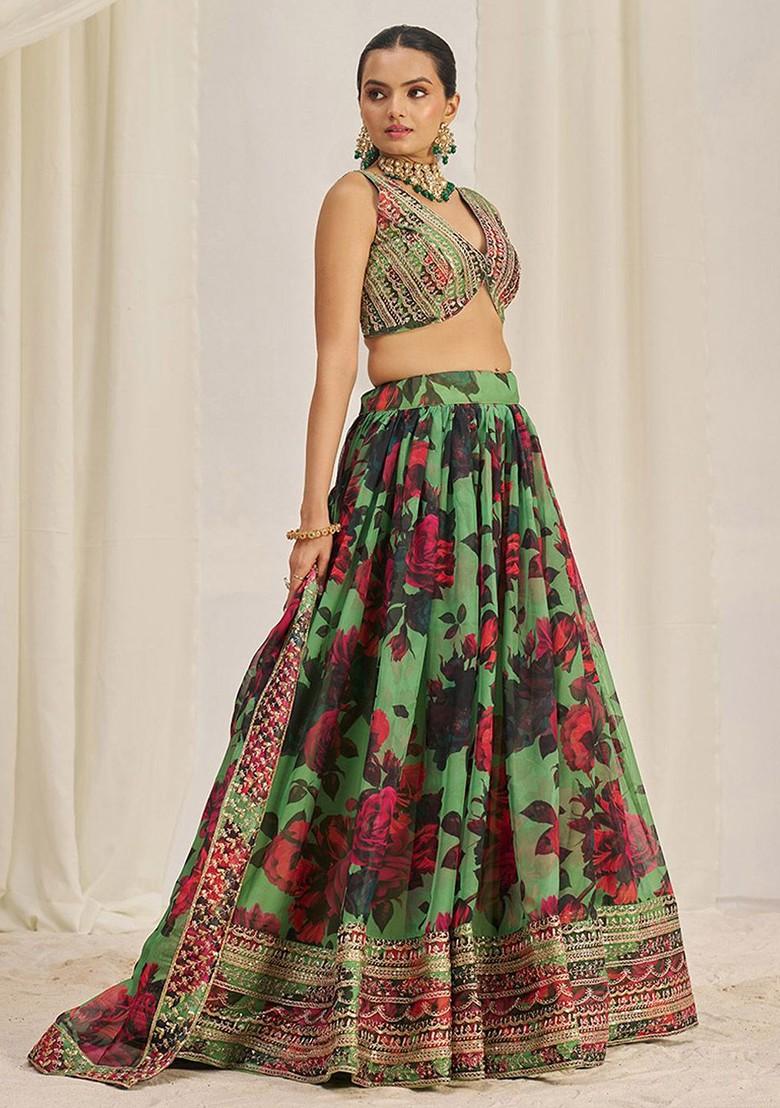 Green Embellished Blended Lehenga Choli - Indya