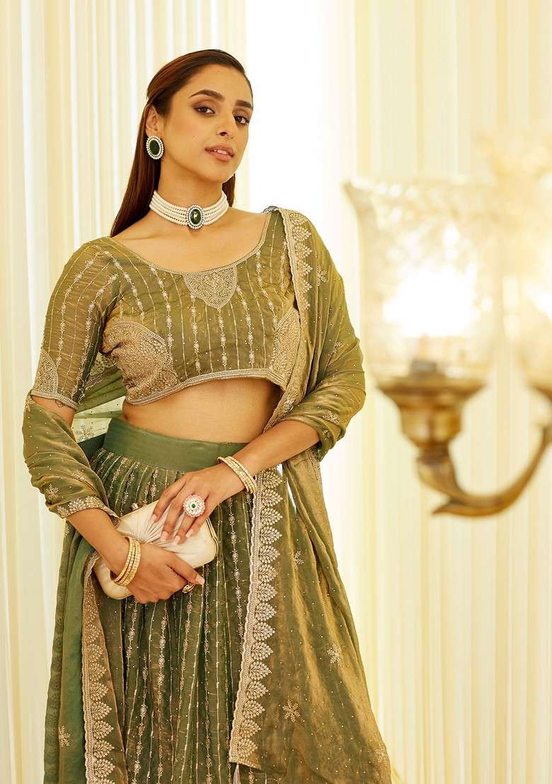 Olive Emboridered Blended Lehenga Choli - Indya