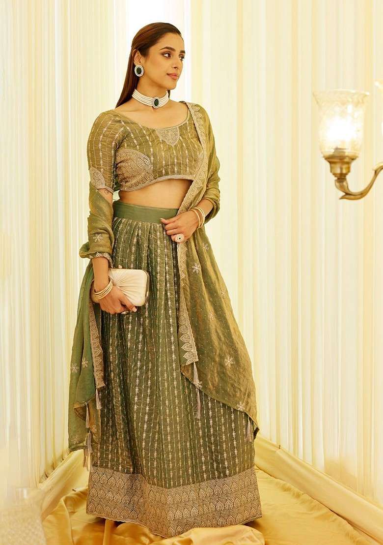 Olive Emboridered Blended Lehenga Choli - Indya