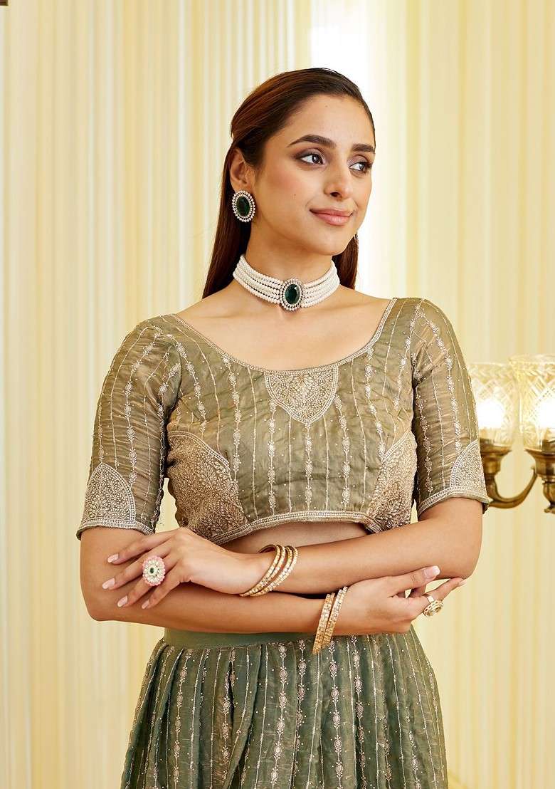 Olive Emboridered Blended Lehenga Choli - Indya