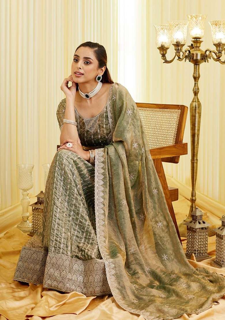 Olive Emboridered Blended Lehenga Choli - Indya
