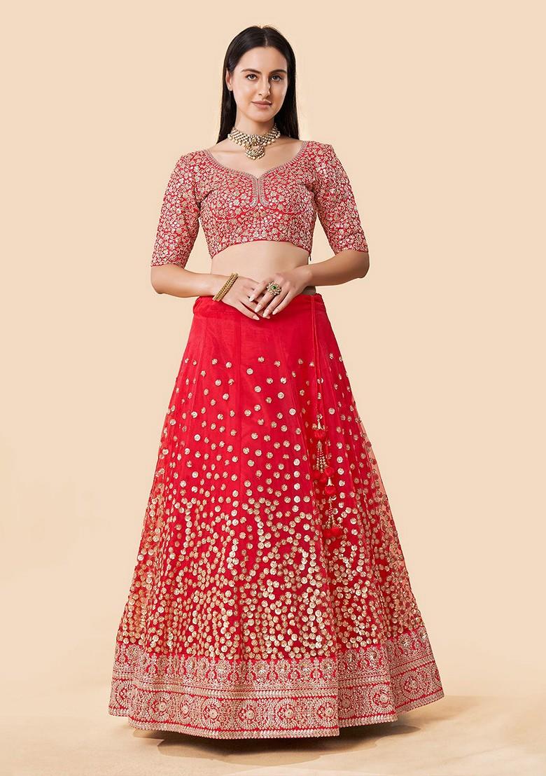 Red Embellished Blended Lehenga Choli - Indya