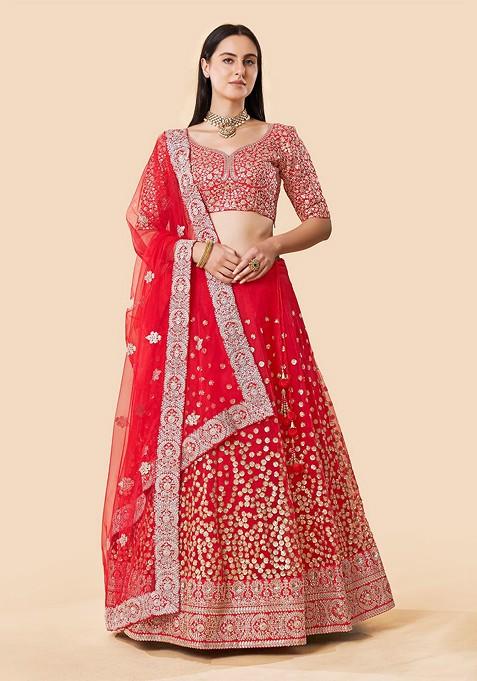Red Embellished Blended Lehenga Choli — view on Indya