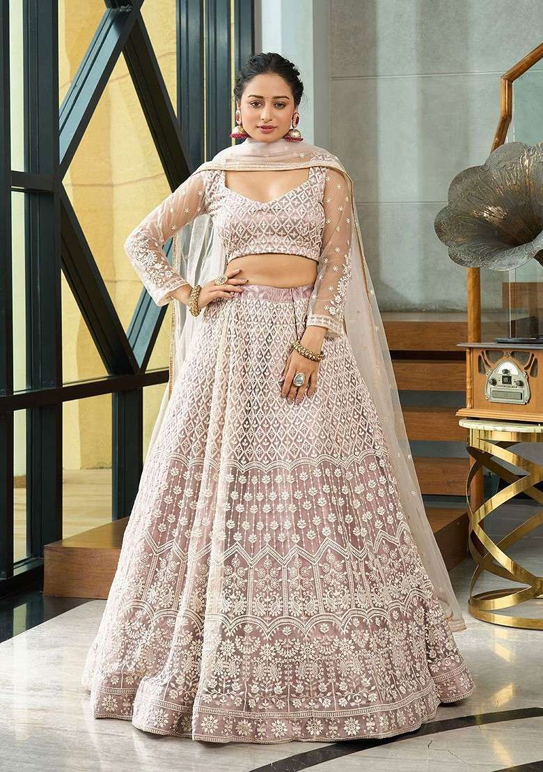 Cream Emboridered Blended Lehenga Choli - Indya