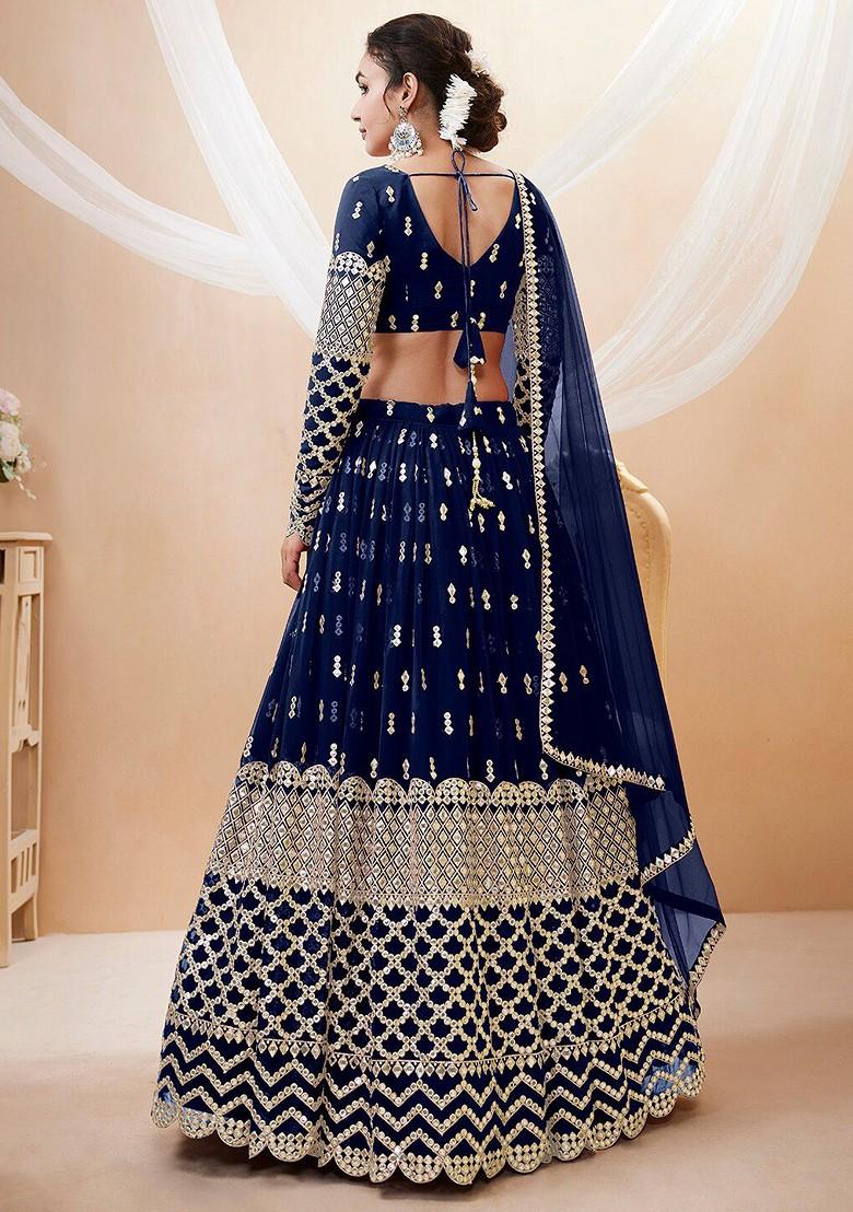 Navy Blue Emboridered Blended Lehenga Choli - Indya