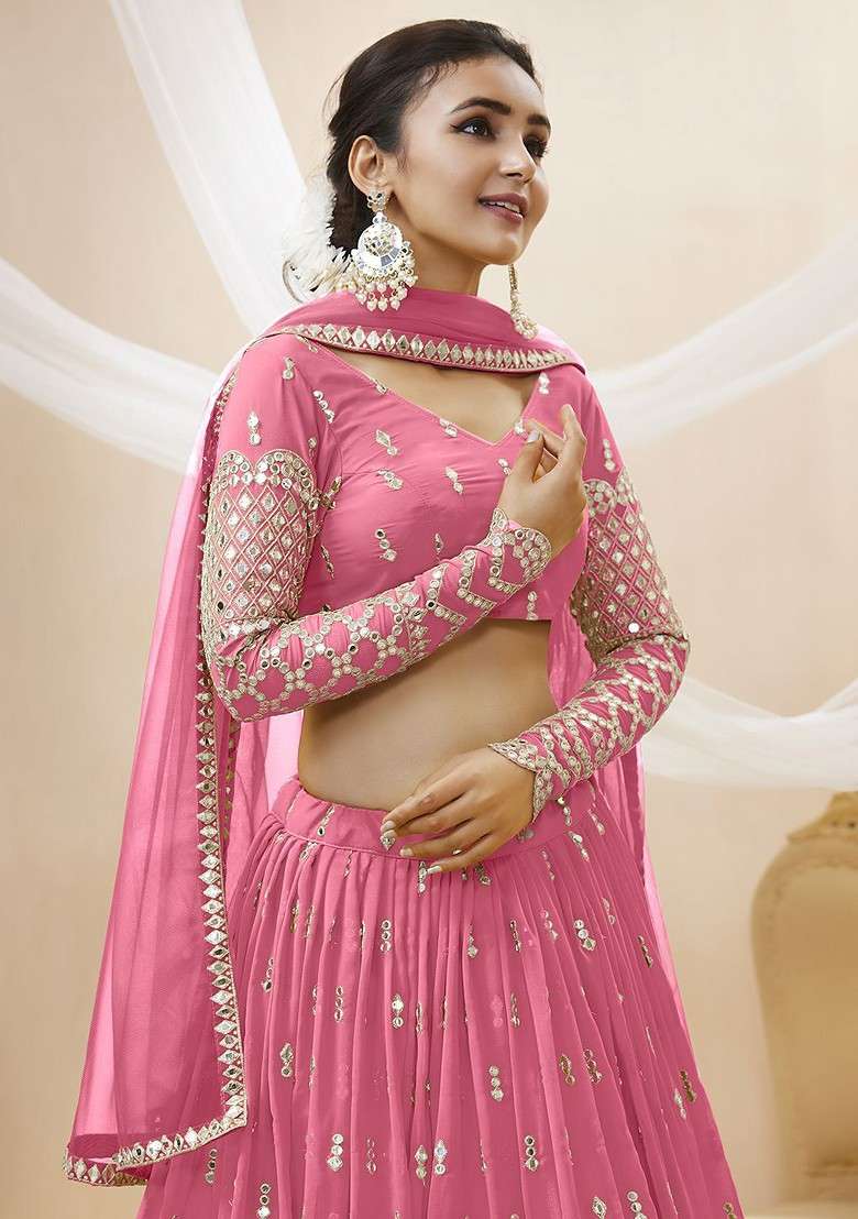 Pink Emboridered Blended Lehenga Choli - Indya