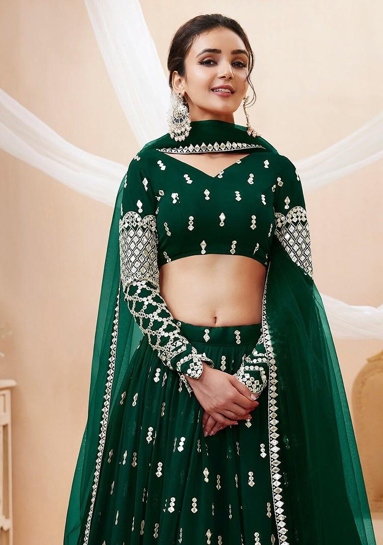 Green Emboridered Blended Lehenga Choli - Indya