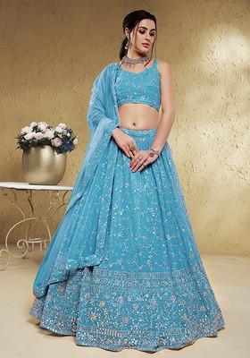 Blue Emboridered Blended Lehenga Choli