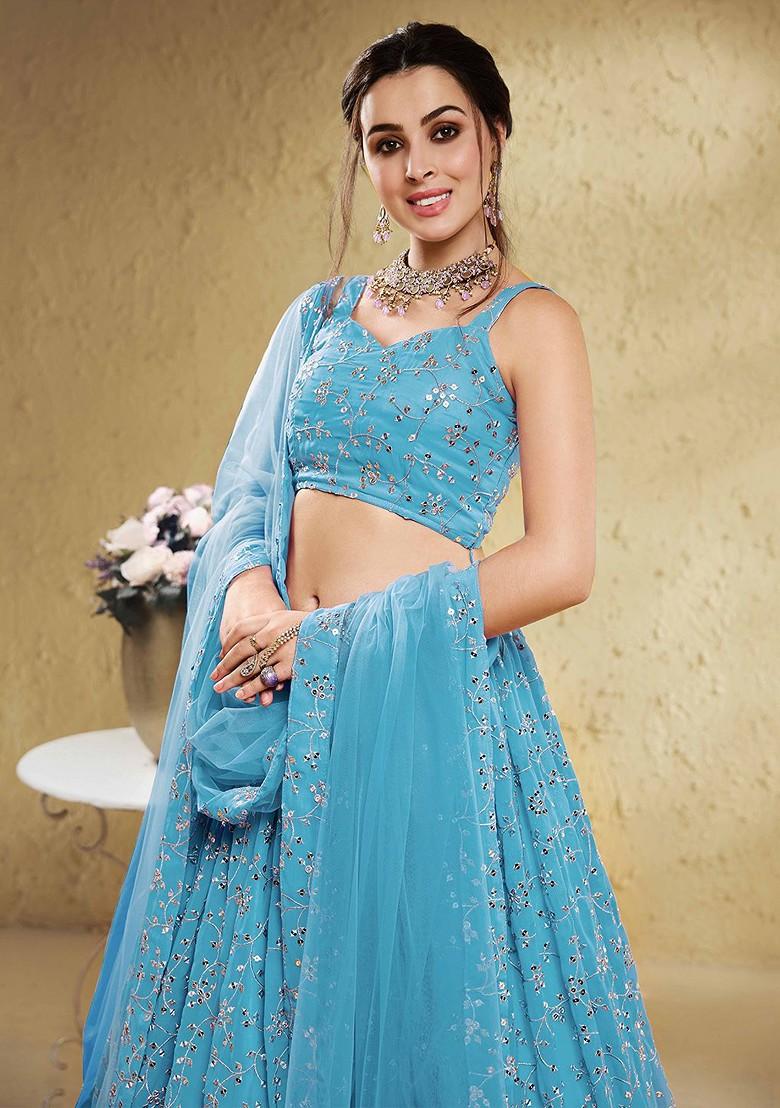 Blue Emboridered Blended Lehenga Choli - Indya