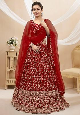 Red Emboridered Blended Lehenga Choli