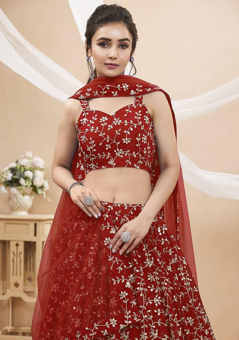 Red Emboridered Blended Lehenga Choli - Indya