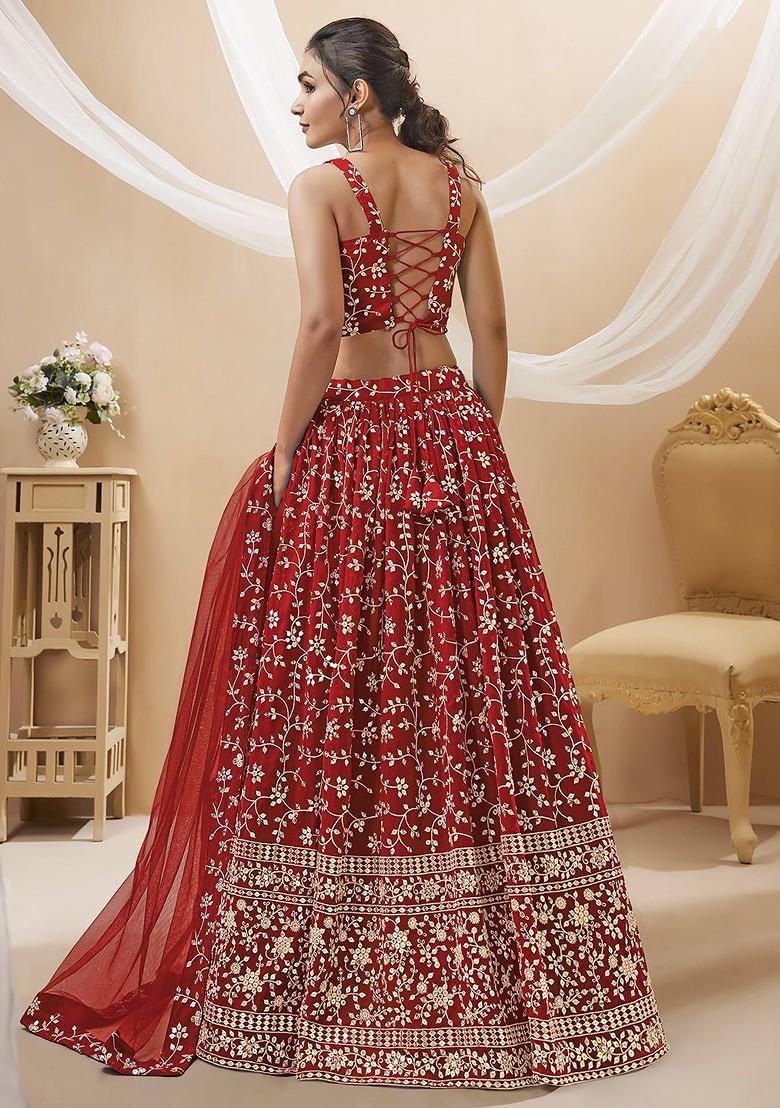 Red Emboridered Blended Lehenga Choli - Indya