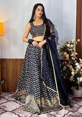 Blue Emboridered Blended Lehenga Choli