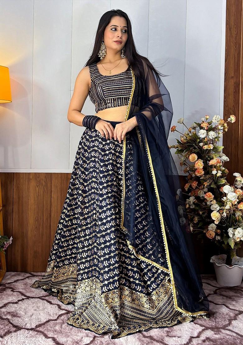 Blue Emboridered Blended Lehenga Choli - Indya