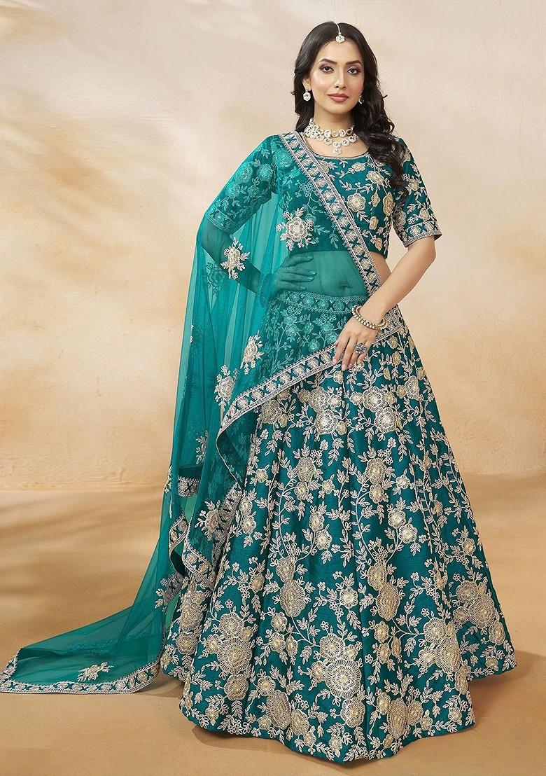 Teal Emboridered Blended Lehenga Choli - Indya