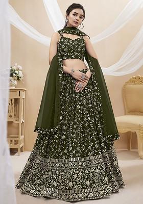Green Embellished Blended Lehenga Choli