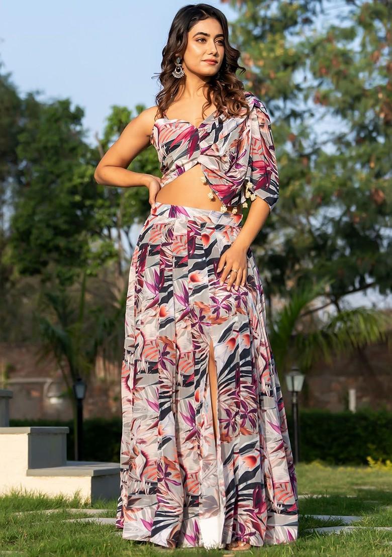 Grey Printed Blended Lehenga Choli - Indya