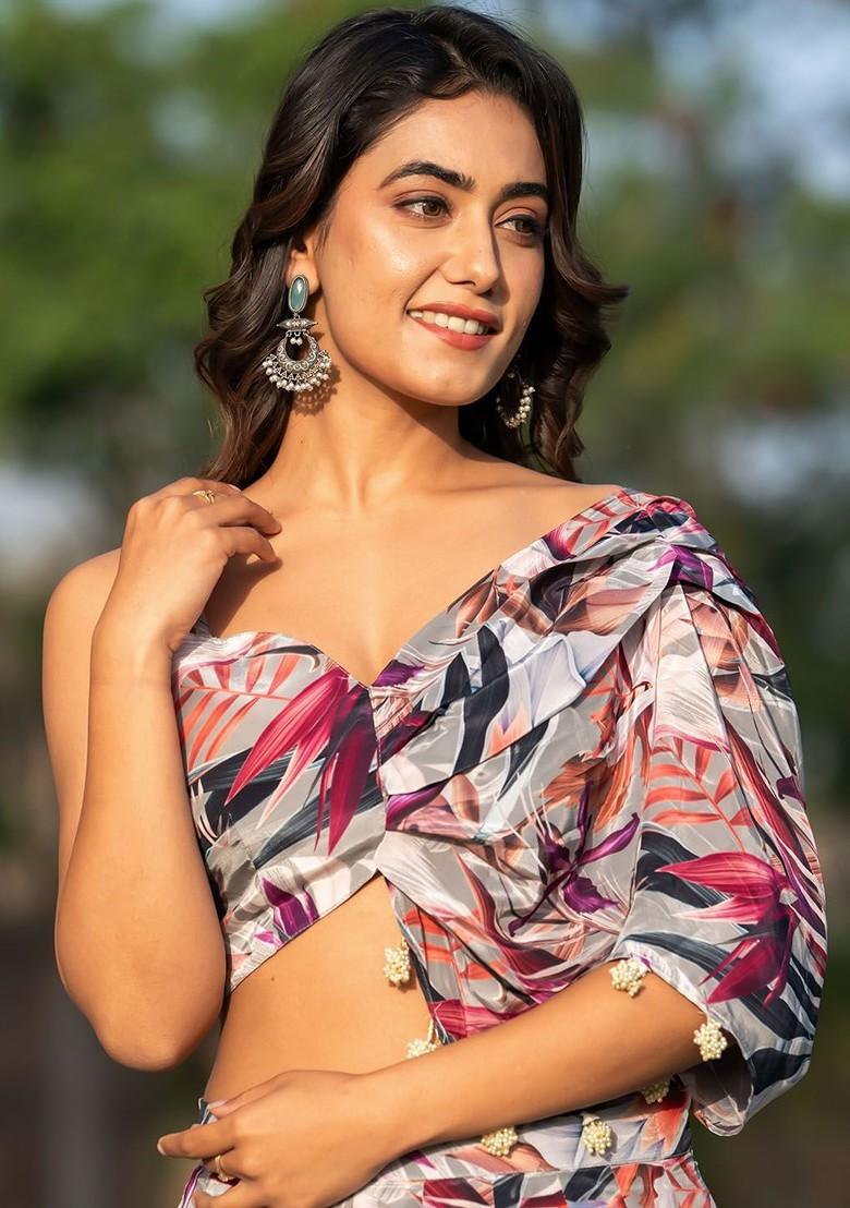 Grey Printed Blended Lehenga Choli - Indya