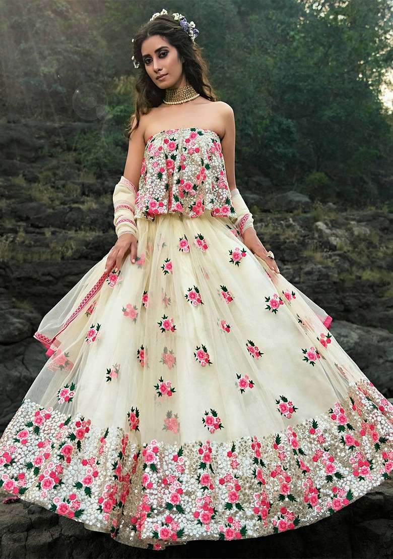 Off White Emboridered Blended Lehenga Choli - Indya