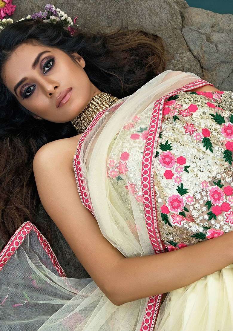 Off White Emboridered Blended Lehenga Choli - Indya