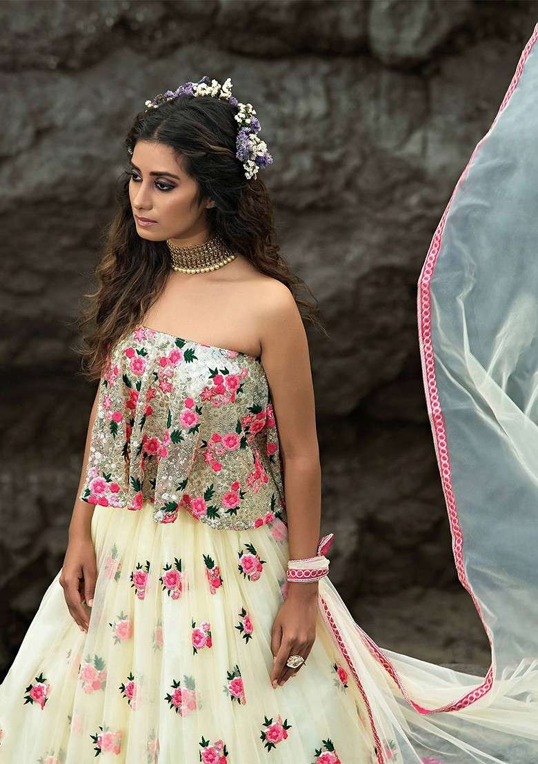 Off White Emboridered Blended Lehenga Choli - Indya