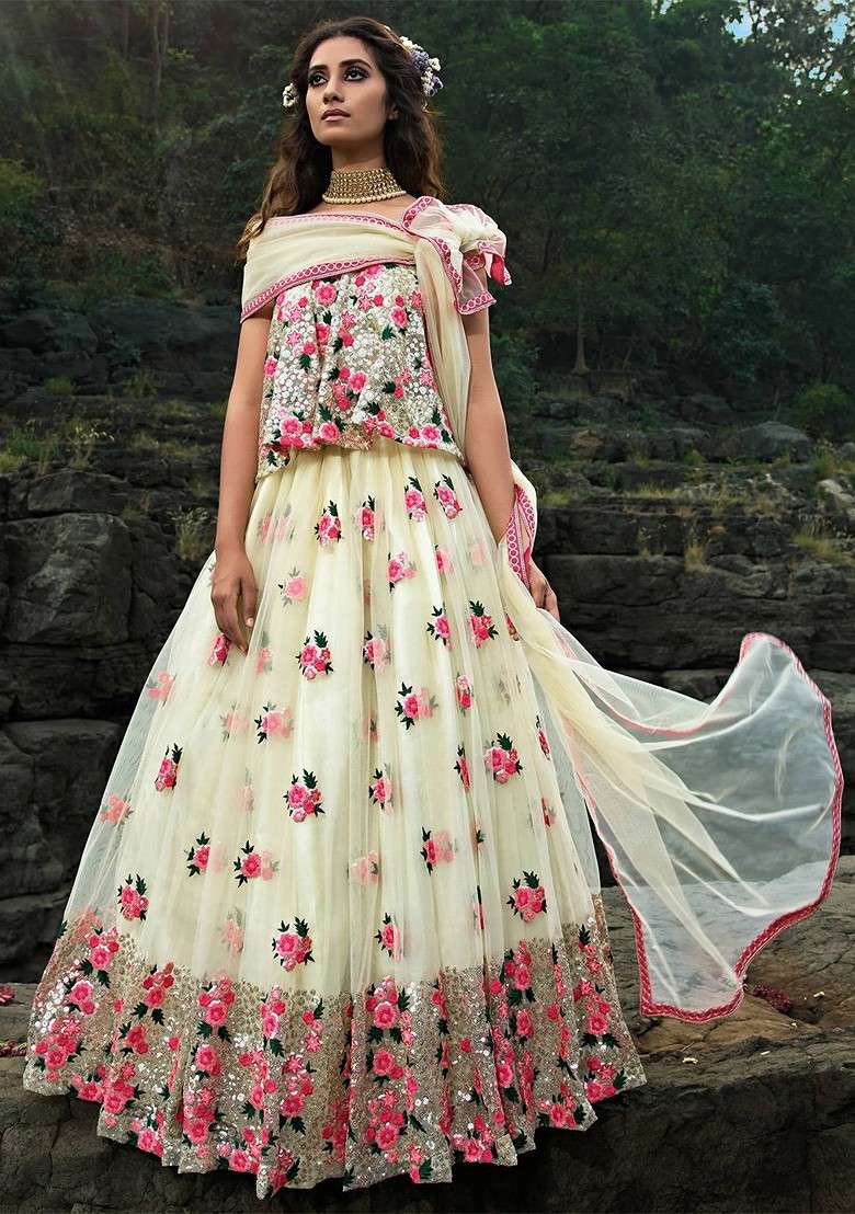 Off White Emboridered Blended Lehenga Choli - Indya