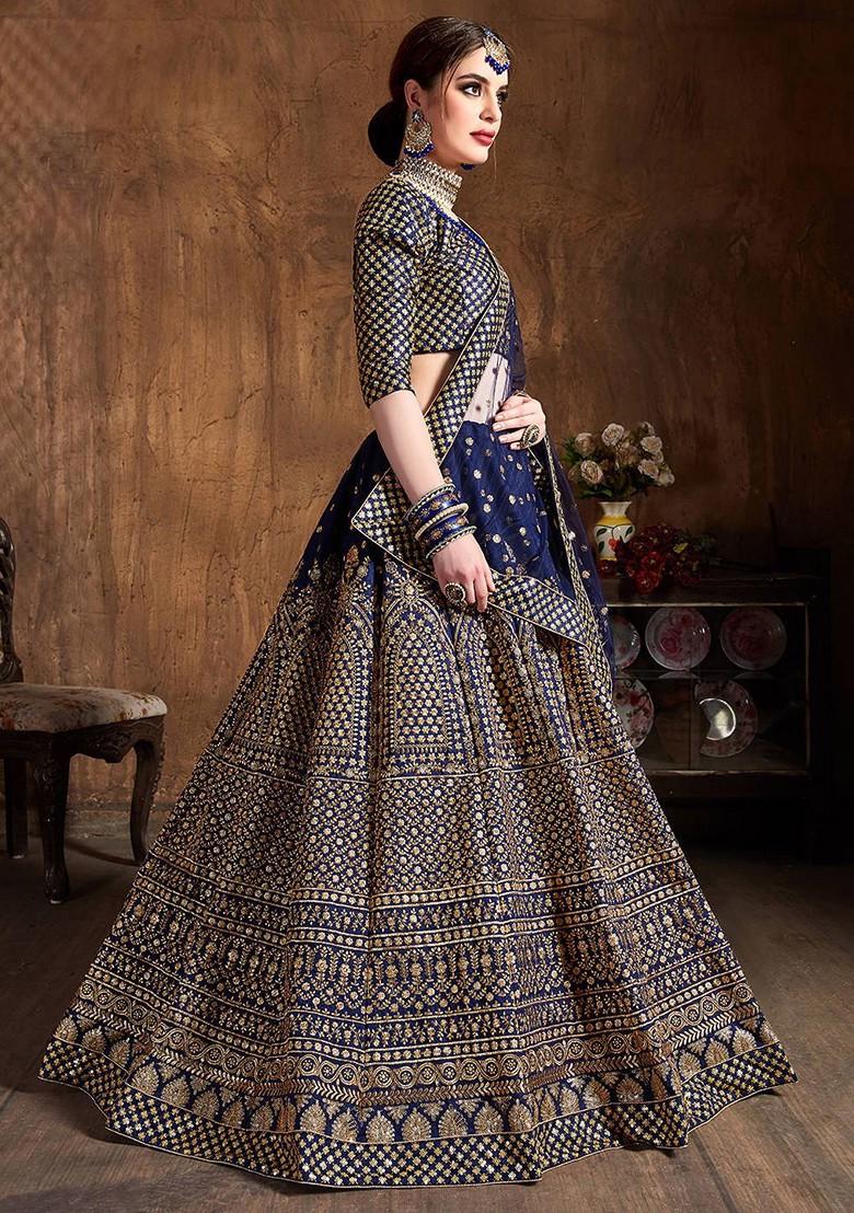 Navy Blue Emboridered Blended Lehenga Choli - Indya