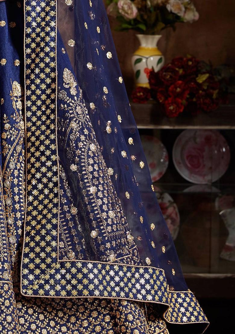 Navy Blue Emboridered Blended Lehenga Choli - Indya