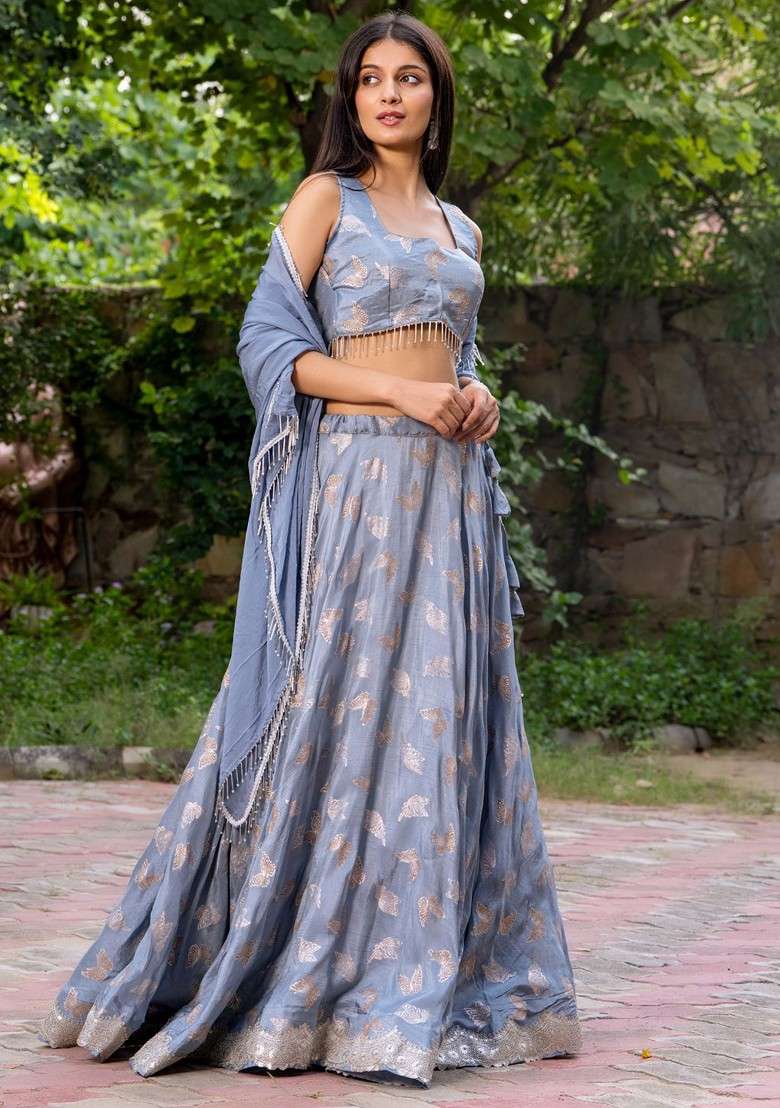 Grey Woven Design Blended Lehenga Choli - Indya