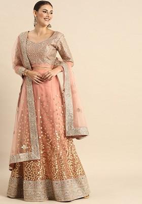 Brown Emboridered Blended Lehenga Choli