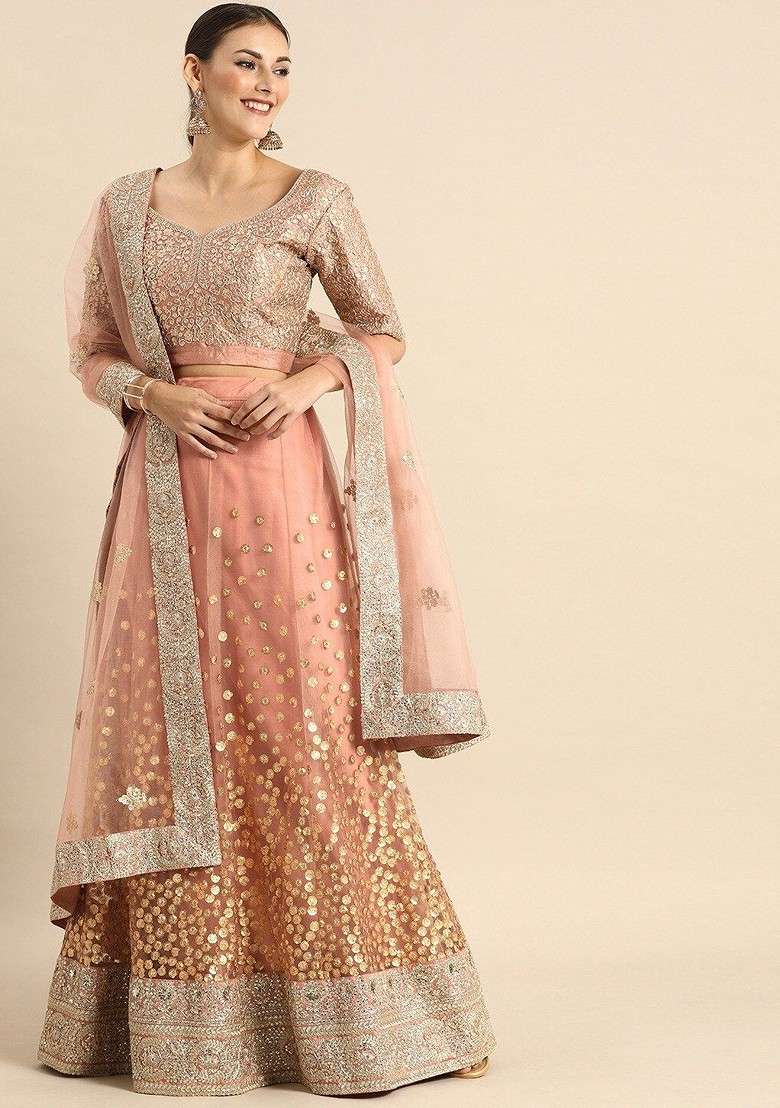 Brown Emboridered Blended Lehenga Choli - Indya