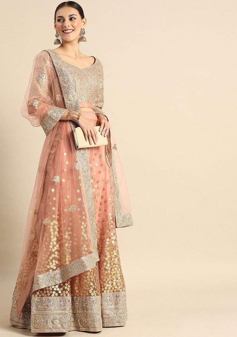 Brown Emboridered Blended Lehenga Choli - Indya