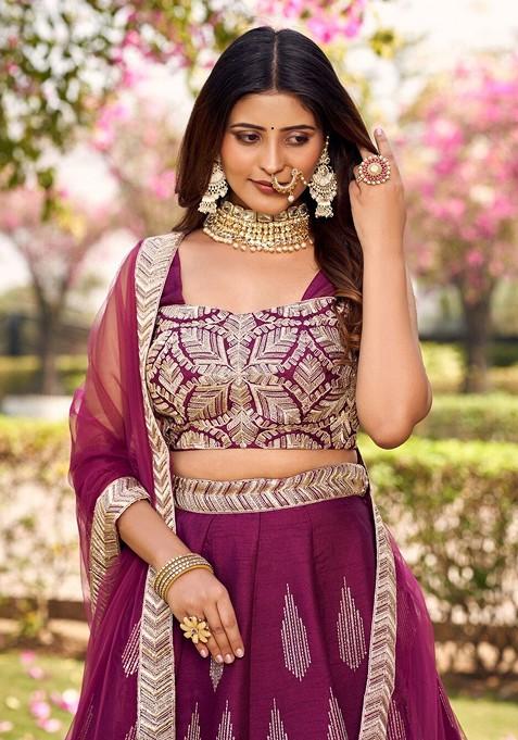 Burgundy Emboridered Blended Lehenga Choli