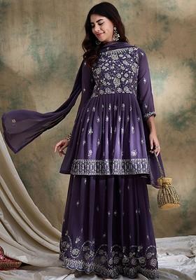 Purple Emboridered Blended Lehenga Choli