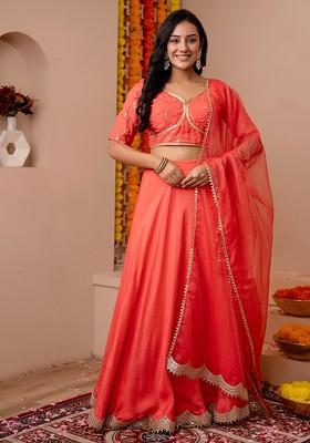 Peach Embellished Blended Lehenga Choli