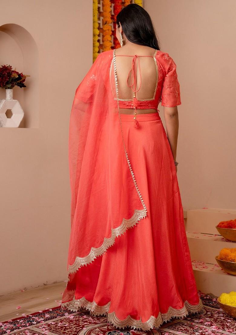 Peach Embellished Blended Lehenga Choli