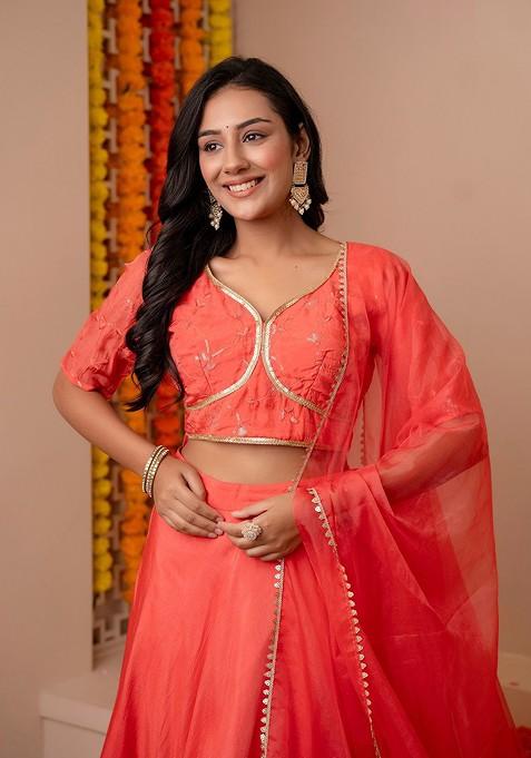 Peach Embellished Blended Lehenga Choli