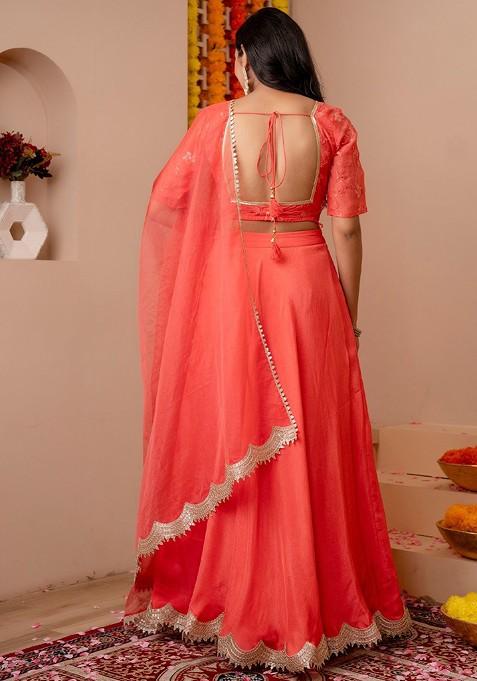 Peach Embellished Blended Lehenga Choli