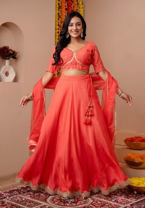 Peach Embellished Blended Lehenga Choli