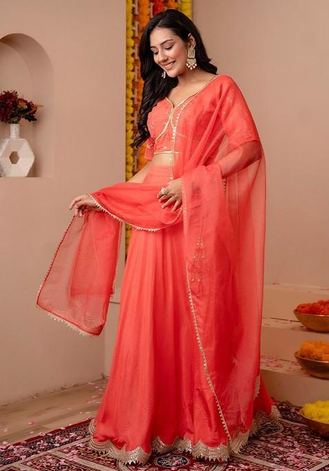 Peach Embellished Blended Lehenga Choli
