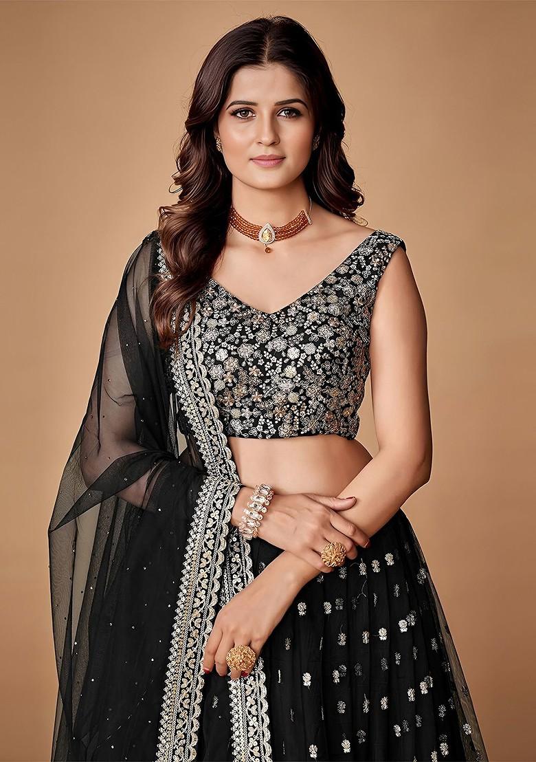 Black Emboridered Blended Lehenga Choli - Indya