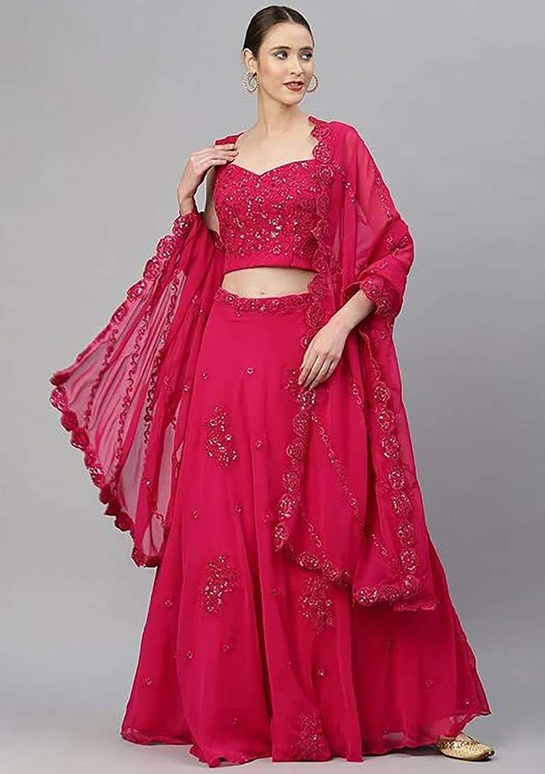 Pink Emboridered Blended Lehenga Choli - Indya