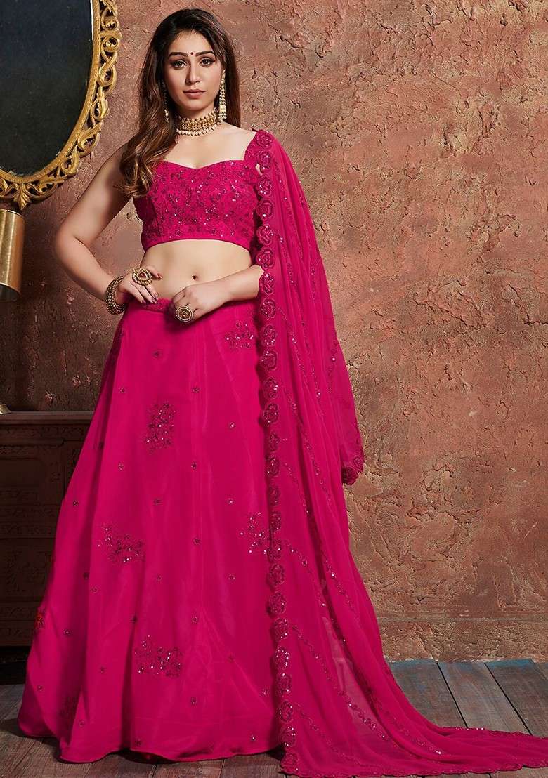 Pink Emboridered Blended Lehenga Choli - Indya