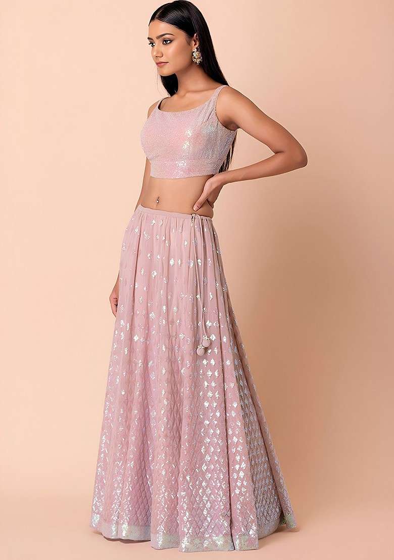 Pink Emboridered Blended Lehenga Choli - Indya
