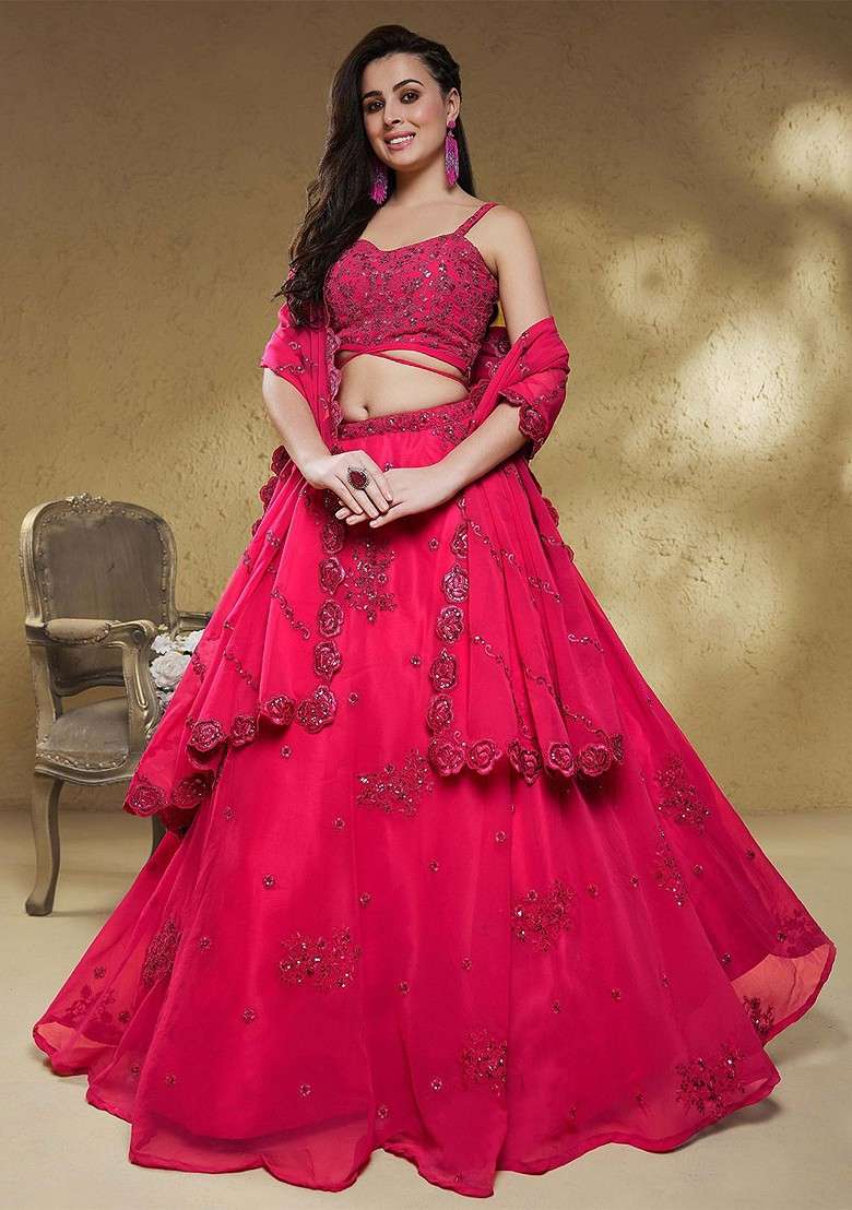 Pink Emboridered Blended Lehenga Choli - Indya