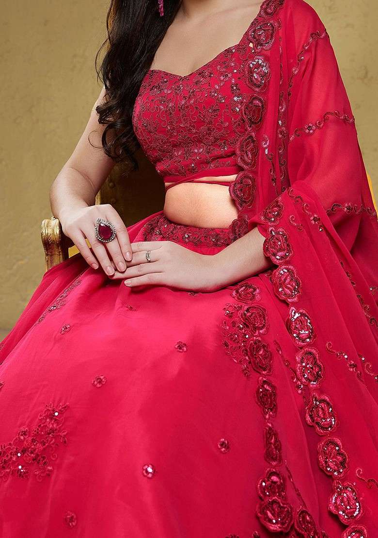 Pink Emboridered Blended Lehenga Choli - Indya