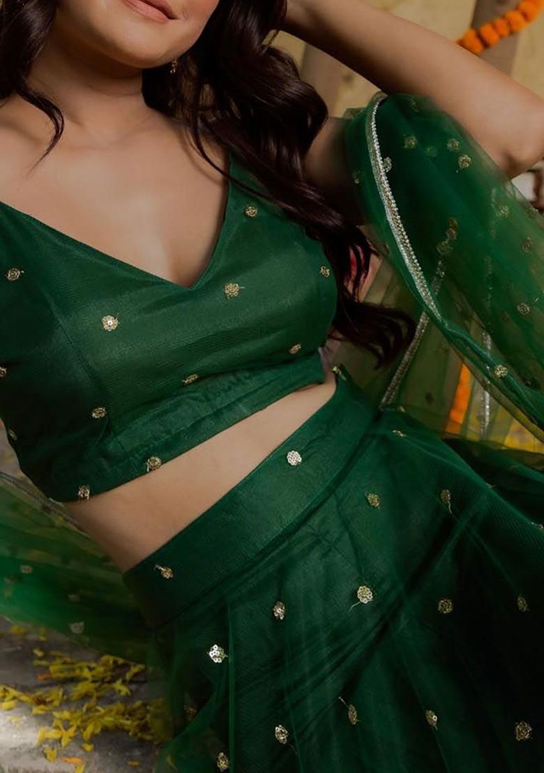 Green Emboridered Blended Lehenga Choli - Indya